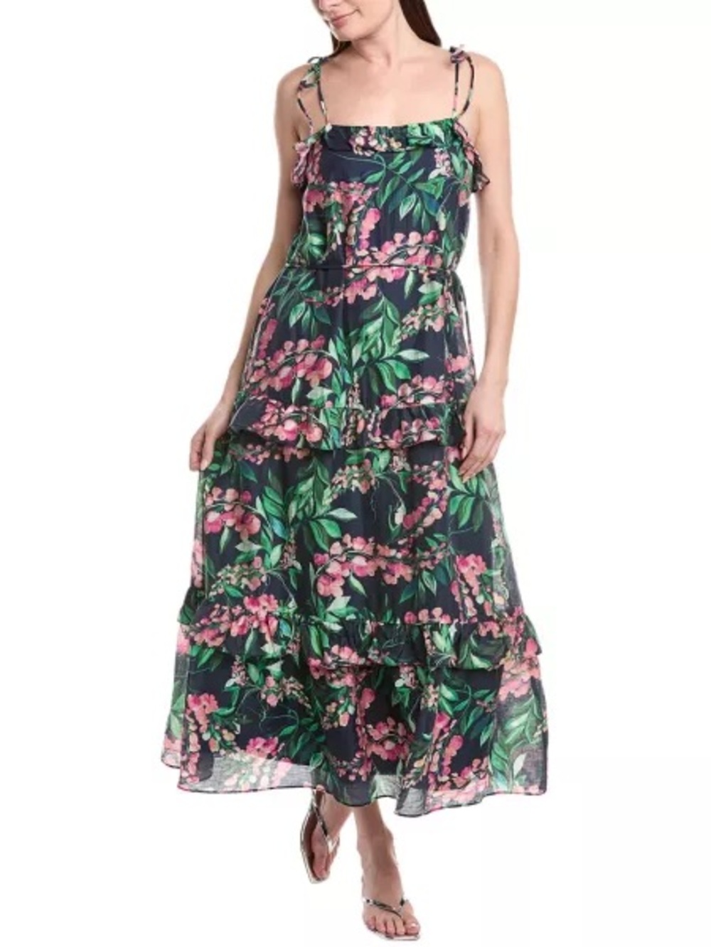 julia jordan Navy Floral Tiered Maxi Dress with Pink Blossoms